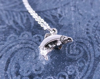 Silber Lachs Fisch Halskette - Sterling Silber Lachs Fisch Anhänger an einer zarten Sterling Silber Kabelkette oder Anhänger