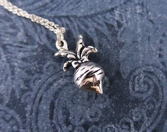 Silver Turnip Necklace - Sterling Silver Turnip Charm on a Delicate Sterling Silver Cable Chain or Charm Only