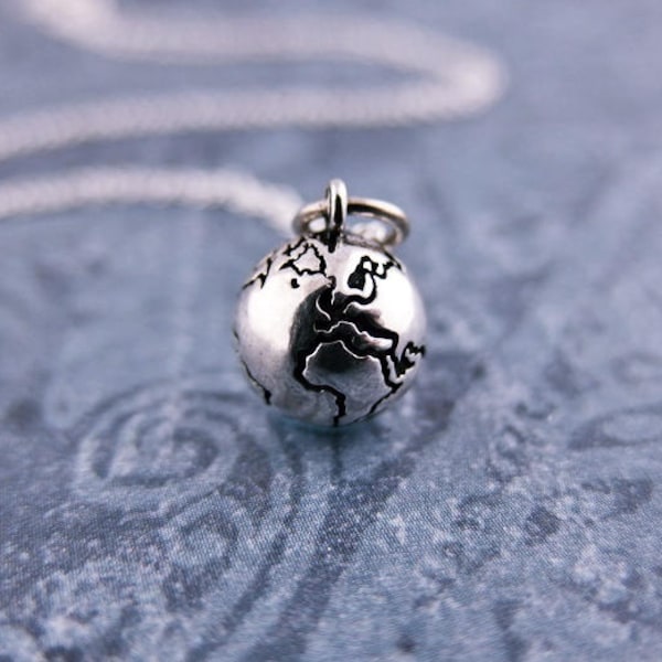 Tiny Silver Earth Globe Necklace - Sterling Silver Earth Globe Charm on a Delicate Sterling Silver Cable Chain or Charm Only