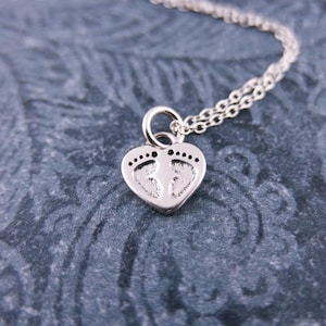 Tiny Infant Footprints Heart Necklace - 925 Sterling Silver Footprints Heart Charm on a Delicate Sterling Silver Cable Chain or Charm Only