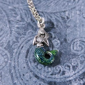 Blue Green Mermaid Necklace Blue Green Enameled Antique Pewter Mermaid Charm on a Delicate Silver Plated Cable Chain or Charm Only image 1