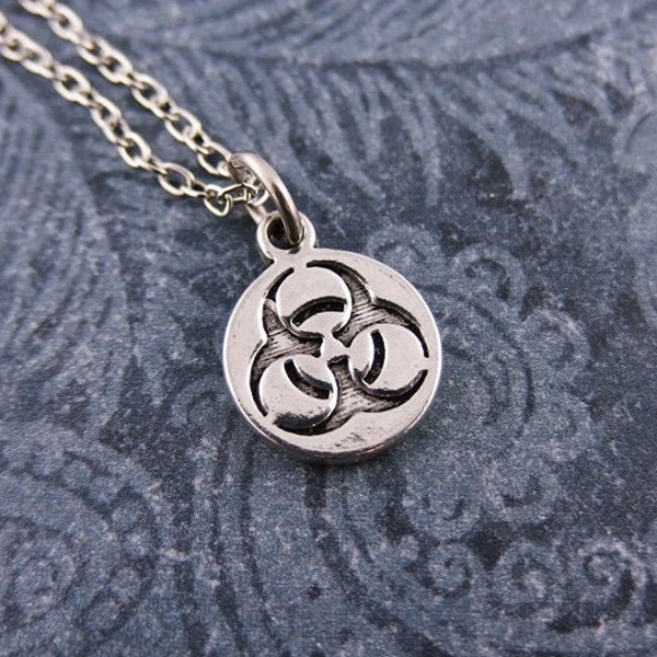 Small Biohazard Symbol Necklace - Silver Pewter Biohazard Charm on a Delicate Silver Plated Cable Chain or Charm Only