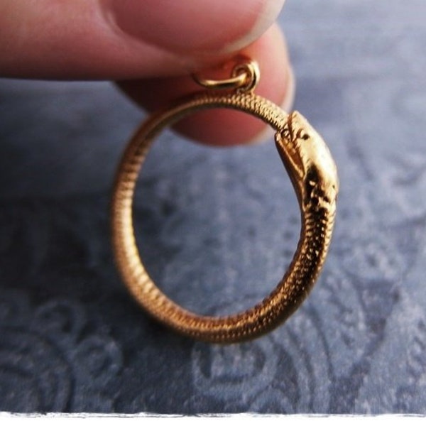 Gold Ouroboros Necklace - 24kt Matte Gold Plate Ouroboros Charm on a Delicate 14kt Gold Filled Cable Chain or Charm Only