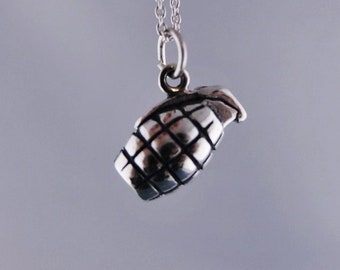 Silver Grenade Necklace - Sterling Silver Grenade Charm on a Delicate Sterling Silver Cable Chain or Charm Only