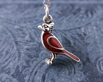 Red Cardinal Necklace - Sterling Silver Enameled Red Cardinal Charm on a Delicate Sterling Silver Cable Chain or Charm Only