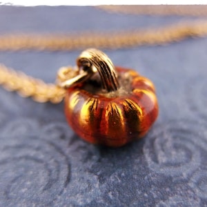 Orange Pumpkin Necklace Orange Enameled Antique Gold Pewter Pumpkin Charm on a Delicate Gold Plated Cable Chain or Charm Only image 1