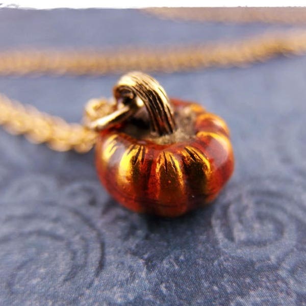 Orange Pumpkin Necklace - Orange Enameled Antique Gold Pewter Pumpkin Charm on a Delicate Gold Plated Cable Chain or Charm Only