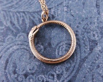 Gold Ouroboros Necklace - Bronze Ouroboros Charm on a Delicate 14kt Gold Filled Cable Chain or Charm Only