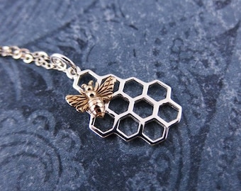 Gold Bee on Silver Honeycomb Necklace - Bronze Honeybee on Sterling Silver Honeycomb Charm on a Sterling Silver Cable Chain or Charm Only