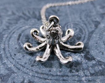 Silver Octopus Necklace - Sterling Silver Octopus Charm on a Delicate Sterling Silver Cable Chain or Charm Only