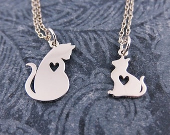 Collana Mamma E Figlia Con Gatto E Cuore, In Argento Sterling 925 E Zirconi, Regalo Per La Festa Della Mamma