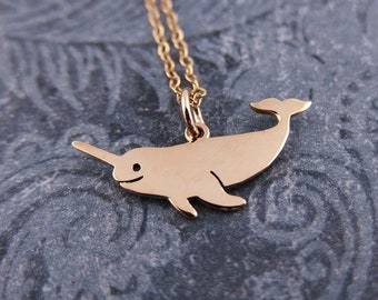 Gold Narwhal Necklace - Bronze Narwhal Charm on a Delicate 14kt Gold Filled Cable Chain or Charm Only