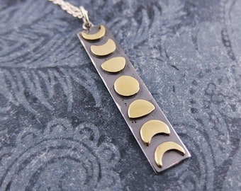 Large Bronze Moon Phases Necklace - Bronze and Sterling Silver Moon Phases Charm on a Delicate Sterling Silver Cable Chain or Charm Only