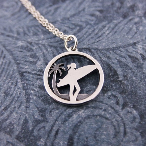 Silver Woman Surfer Necklace - Sterling Silver Surfer Silhouette Charm on a Delicate Sterling Silver Cable Chain or Charm Only