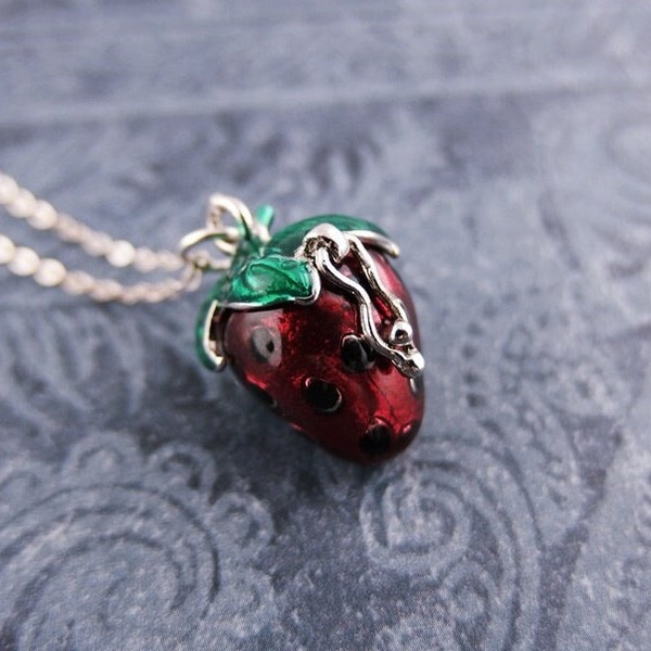 Red Strawberry Locket - Red Enameled Silver Plated Strawberry Locket on a Delicate Sterling Silver Cable Chain or Charm Only