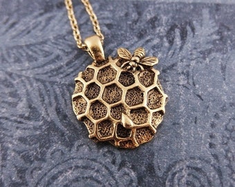 Gold Bee on Honeycomb Necklace - Antique Gold Pewter Bee on Honeycomb Charm on a Delicate Gold Plated Cable Chain or Charm Only