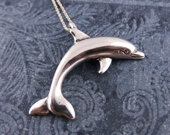 Large Silver Dolphin Necklace - Large Sterling Silver Dolphin Charm on a Delicate Sterling Silver Cable Chain or Charm Only