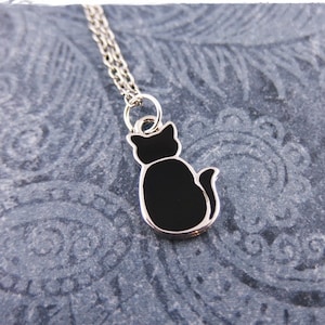 Black Cat Necklace - Black Enameled Silver Plate Cat Charm on a Delicate Stainless Steel Cable Chain or Charm Only
