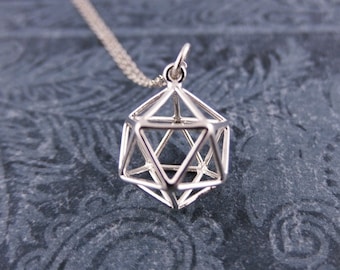 Silver Icosahedron Necklace - Sterling Silver Icosahedron Charm on a Delicate Sterling Silver Cable Chain or Charm Only