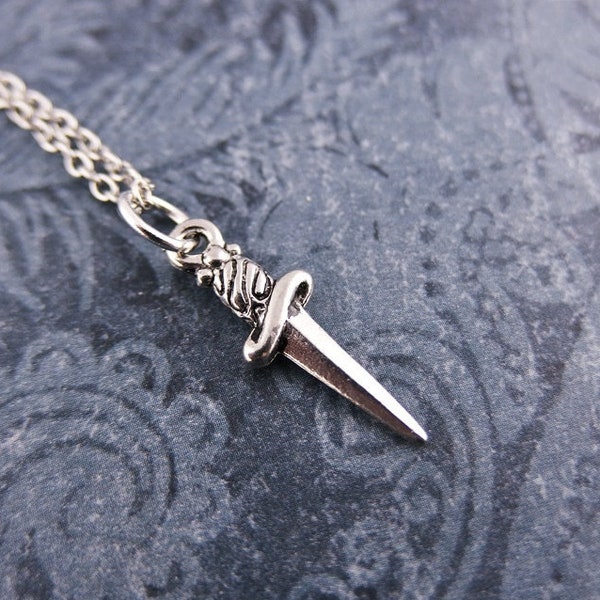 Tiny Silver Dagger Necklace - Antique Pewter Dagger Charm on a Delicate Silver Plated Cable Chain or Charm Only