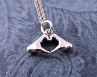 Silver Heart Hands Necklace - Sterling Silver Heart Hands Charm on a Delicate Sterling Silver Cable Chain or Charm Only