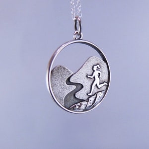 Silver Woman Trail Runner Necklace - 925 Sterling Silver Female Runner Charm on a Sterling Silver Cable Chain or Charm Only