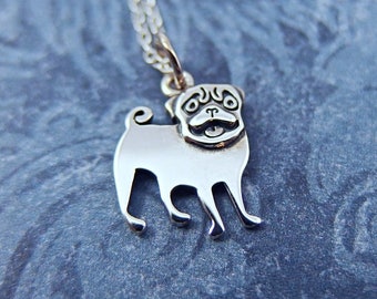 Silver Small Pug Necklace - Sterling Silver Pug Charm on a Delicate Sterling Silver Cable Chain or Charm Only