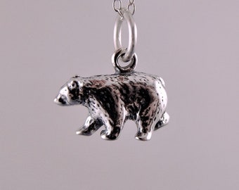 Silver Grizzly Bear Necklace - Sterling Silver Grizzly Bear Charm on a Delicate Sterling Silver Cable Chain or Charm Only