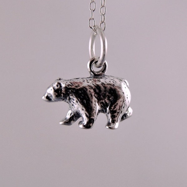 Silver Grizzly Bear Necklace - Sterling Silver Grizzly Bear Charm on a Delicate Sterling Silver Cable Chain or Charm Only