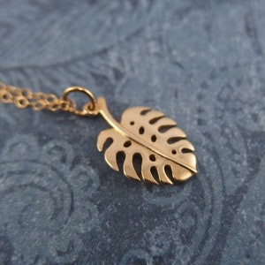 Gold Monstera Leaf Necklace - Bronze Monstera Leaf Charm on a Delicate 14kt Gold Filled Cable Chain or Charm Only