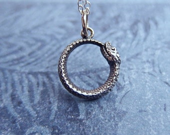 Tiny Silver Ouroboros Necklace - Tiny Sterling Silver Ouroboros Charm on a Delicate Sterling Silver Cable Chain or Charm Only