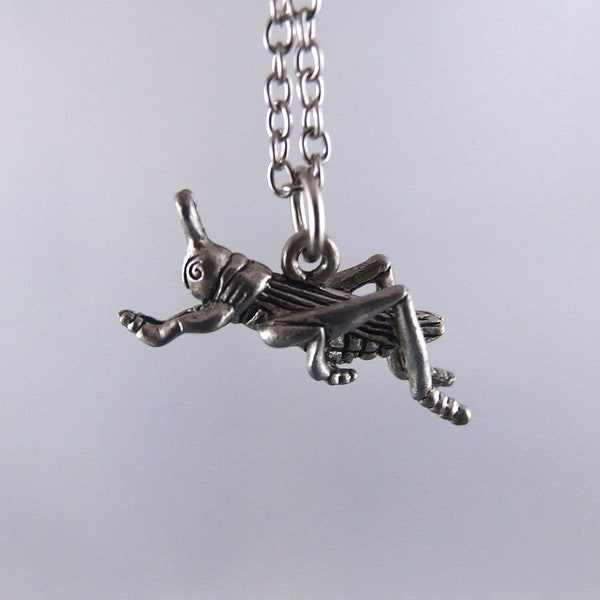 Silver Grasshopper Necklace - Antique Pewter Grasshopper Charm on a Delicate Stainless Steel Cable Chain or Charm Only