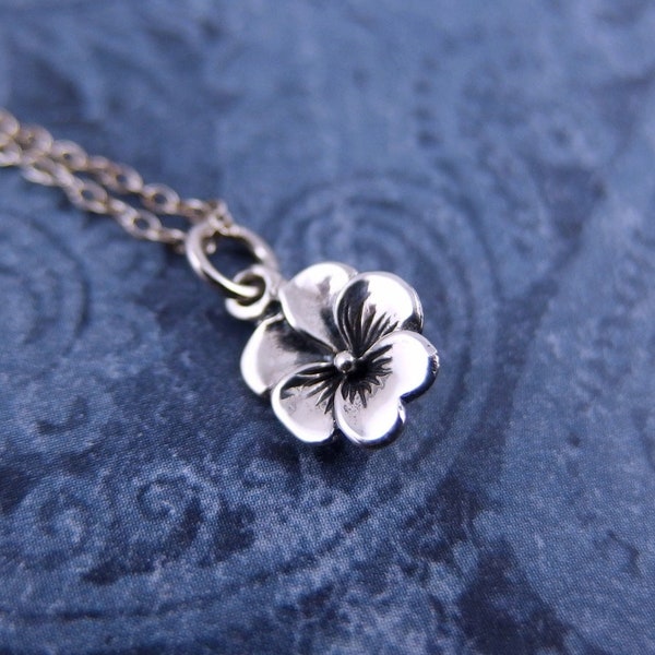 Tiny Silver Pansy Necklace - Sterling Silver Pansy Charm on a Delicate Sterling Silver Cable Chain or Charm Only