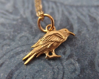 Gold Tiny Raven Necklace - Tiny Bronze Raven Charm on a Delicate 14kt Gold Filled Cable Chain or Charm Only