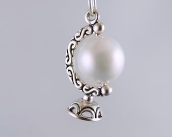 Silver Pearl Earth Globe Necklace - Acrylic Pearl & Sterling Silver Pearl Earth Globe Charm on a Sterling Silver Cable Chain or Charm Only