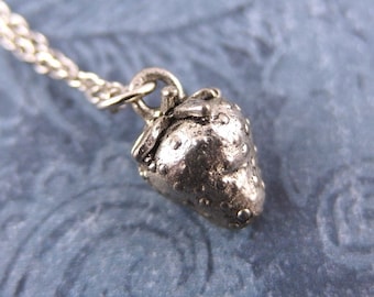 Silver Strawberry Necklace - Antique Pewter Strawberry Charm on a Delicate Silver Plated Cable Chain or Charm Only