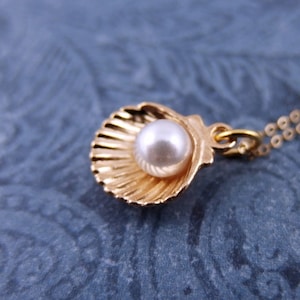 Gold Pearl Clamshell Necklace - Gold Plate White Acrylic Pearl Clamshell Charm on a Delicate 14kt Gold Filled Cable Chain or Charm Only