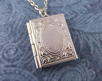Silver Book Locket Necklace - Stainless Steel Book Locket on a Delicate Stainless Steel Cable Chain or Locket Only