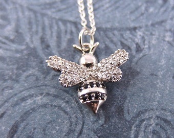 Silver Crystal Honeybee Necklace - Silver Plated Black CZ Honeybee Charm on a Delicate Sterling Silver Cable Chain or Charm Only