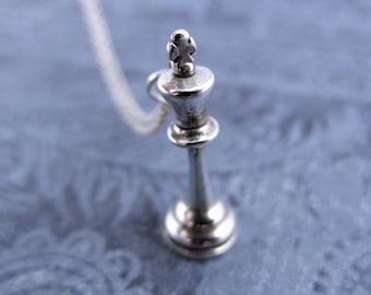 Silver King Chess Piece Necklace - Sterling Silver King Chess Charm on a Delicate Sterling Silver Cable Chain or Charm Only