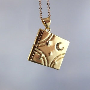 Gold Moon and Stars Book Necklace - 18kt Gold Plate Moon and Stars Book Locket on a Delicate 14kt Gold Filled Cable Chain or Charm Only