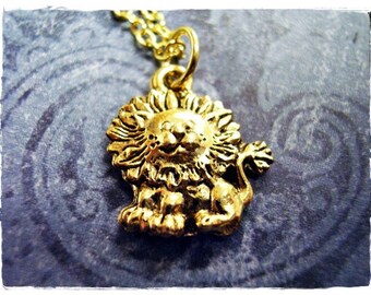 Gold Cute Lion Necklace - Antique Gold Pewter Cute Lion Charm on a Delicate Gold Plated Cable Chain or Charm Only