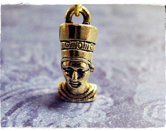 Gold Queen Nefertiti Necklace - Antique Gold Pewter Queen Nefertiti Charm on a Delicate Gold Plated Cable Chain or Charm Only
