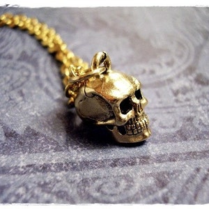 Gold Human Skull Necklace Antique Gold Pewter Human Skull Charm on a Delicate Gold Plated Cable Chain or Charm Only image 2