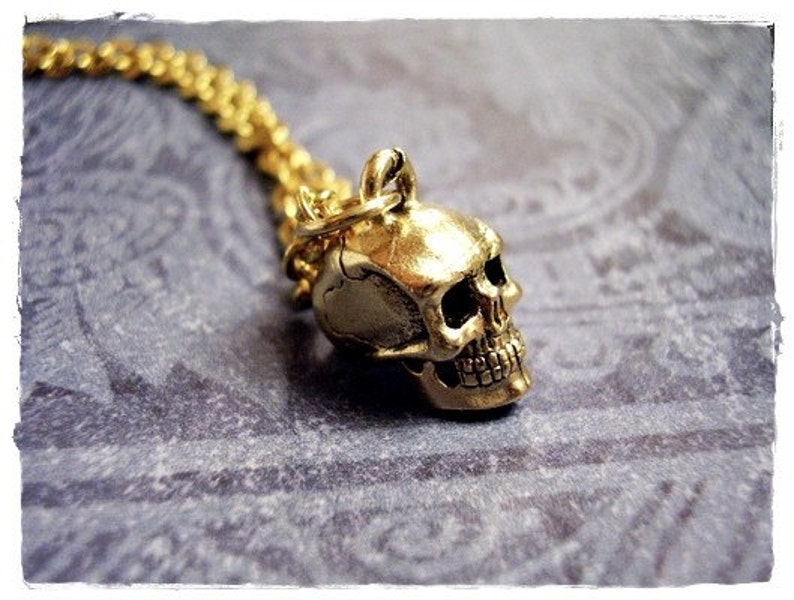 Gold Human Skull Necklace Antique Gold Pewter Human Skull Charm on a Delicate Gold Plated Cable Chain or Charm Only image 2