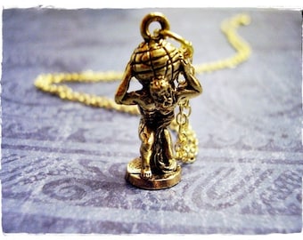 Gold Atlas the Titan Necklace - Antique Gold Pewter Atlas the Titan Charm on a Delicate Gold Plated Cable Chain or Charm Only