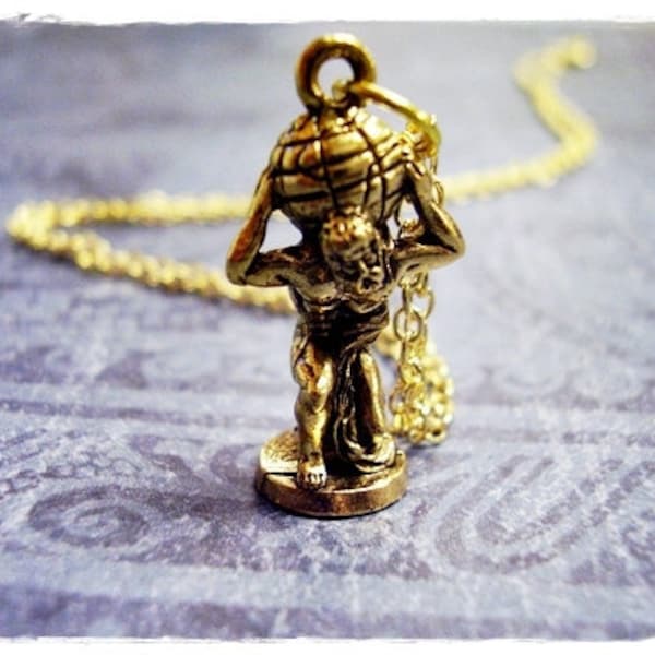 Gold Atlas the Titan Necklace - Antique Gold Pewter Atlas the Titan Charm on a Delicate Gold Plated Cable Chain or Charm Only