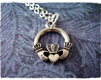 Silver Claddagh Necklace - Silver Pewter Claddagh Charm on a Delicate Stainless Steel Cable Chain or Charm Only