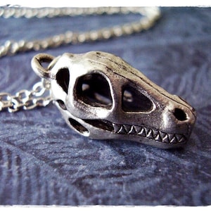 Silver Dinosaur Skull Necklace Antique Pewter Dinosaur Skull Charm on a Delicate Silver Plated Cable Chain or Charm Only image 1