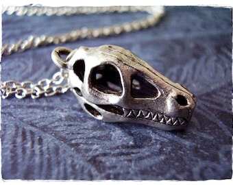 Silver Dinosaur Skull Necklace - Antique Pewter Dinosaur Skull Charm on a Delicate Stainless Steel Cable Chain or Charm Only